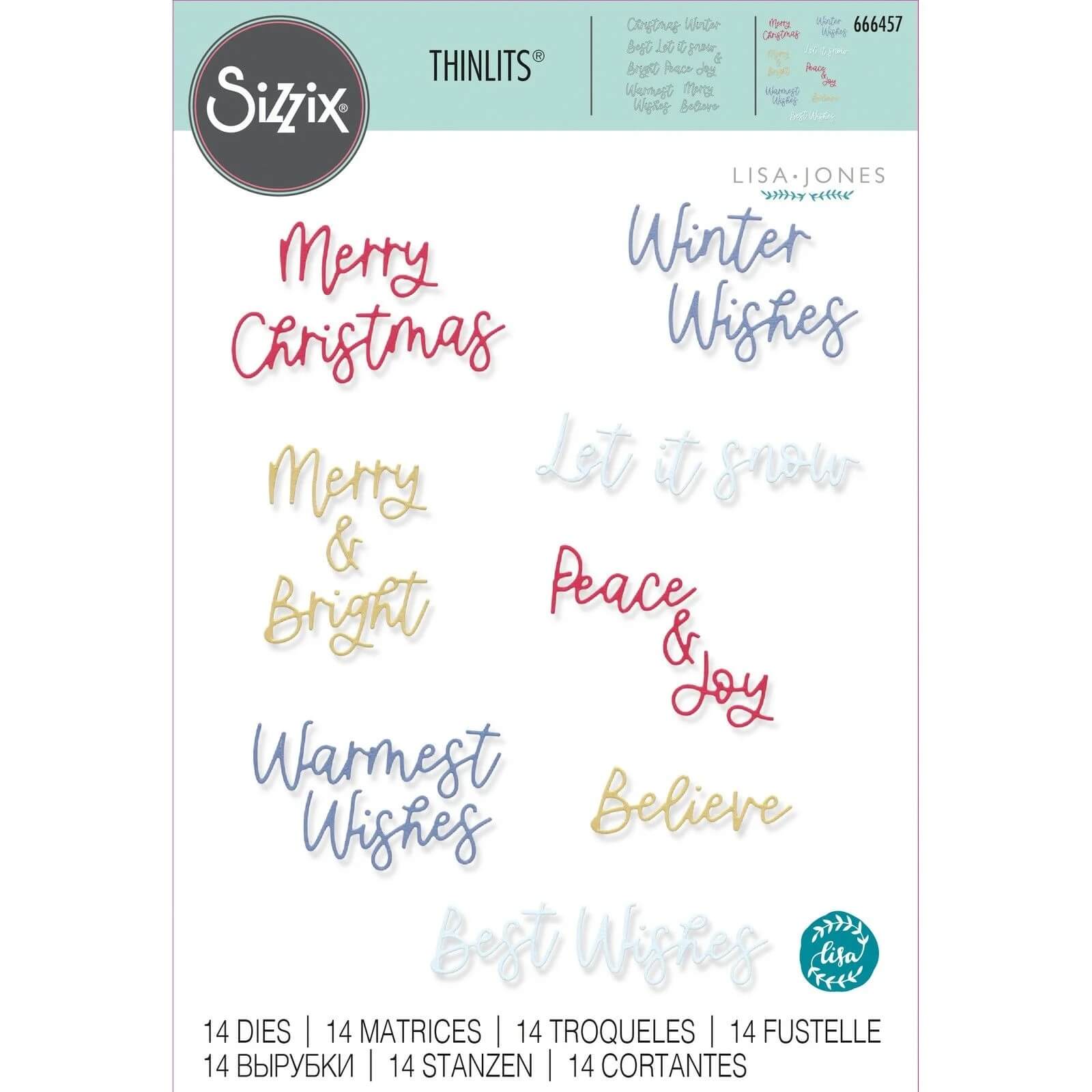 Die Sizzix 666457 Thinlits Variety Sentiments #2 von Sizzix enthält 8 Stanzformen mit festlichen Sprüchen in verschiedenen Schriftarten - ideal für die Weihnachtskartengestaltung mit Grüßen wie "Frohe Weihnachten", "Winterwünsche" und "Friede & Freude".
