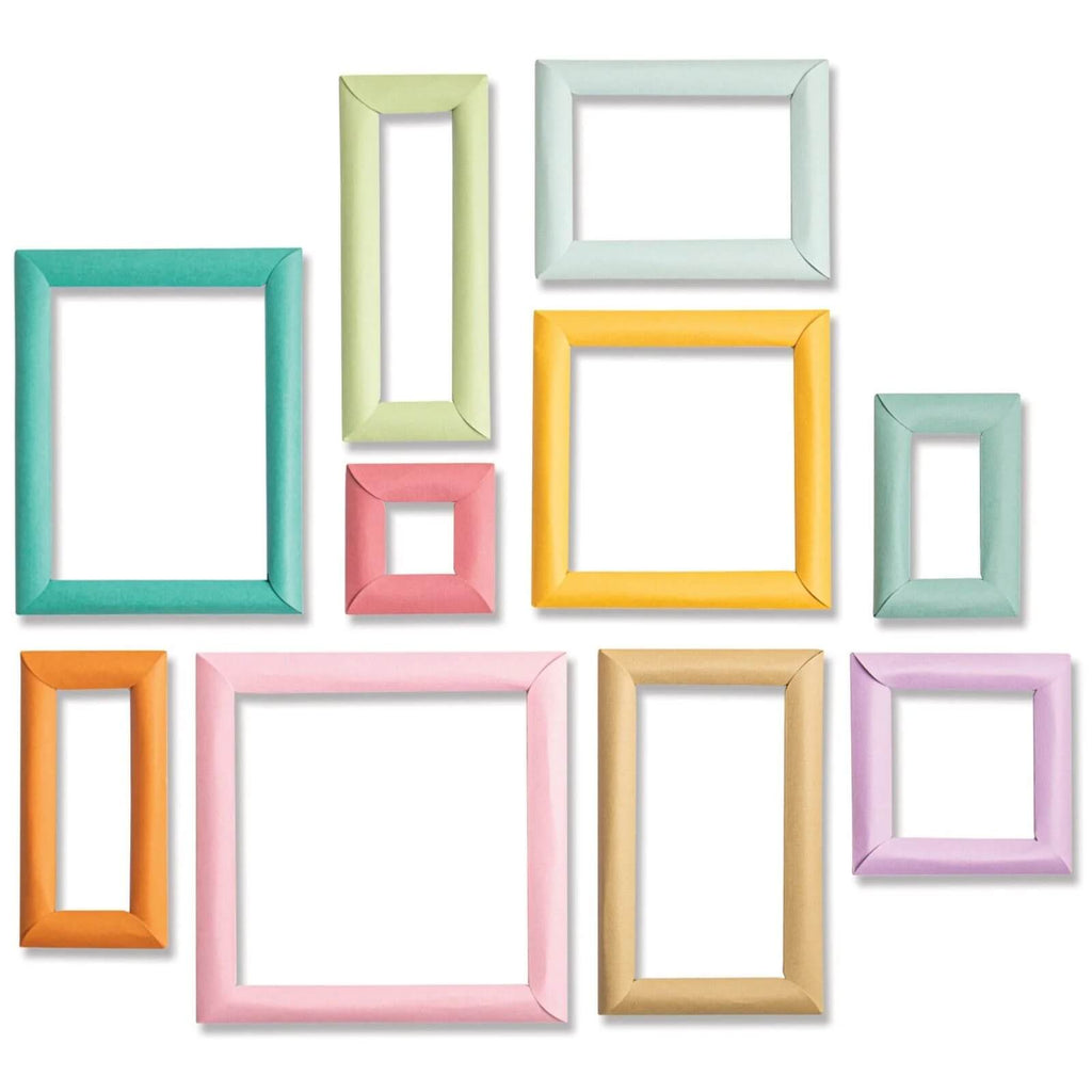 Eine lebendige Sammlung von Sizzix • Thinlits Die Set Dimensional Multi-Frames in verschiedenen Formen und Größen, wunderschön angeordnet auf einem sauberen weißen Hintergrund. Perfekt für Papierbastelarbeiten-Enthusiasten, die etwas hinzufügen möchten.