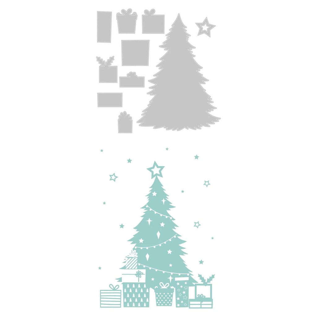 Auf einem weißen Hintergrund ist ein Weihnachtsbaum mit Geschenken zu sehen, der mit Sizzix • Thinlits Die Set With Embossing Folder Sparkle Tree dekoriert ist.