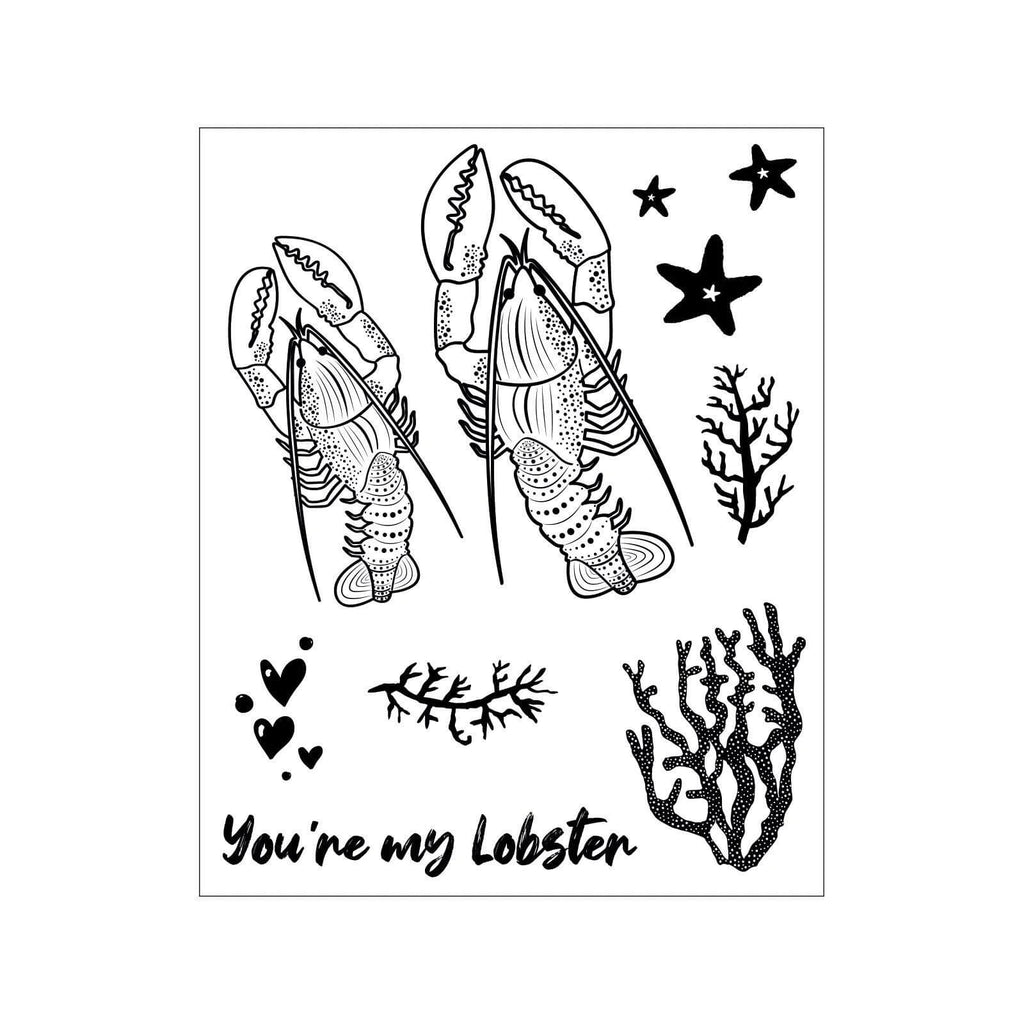 Schwarzweißzeichnung von zwei Hummern, Seesternen und Korallen mit dem Text „You're my Lobster“ darunter. Herzen, Meerespflanzen und Details aus dem Sizzix • Framelits Stanzset mit Stempeln You're my Lobster 24-teilig von Sizzix sind ebenfalls abgebildet.