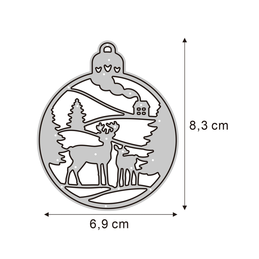 Größenangabe für Stanzschablone Weihnachtskugel mit Hirsch und Haus