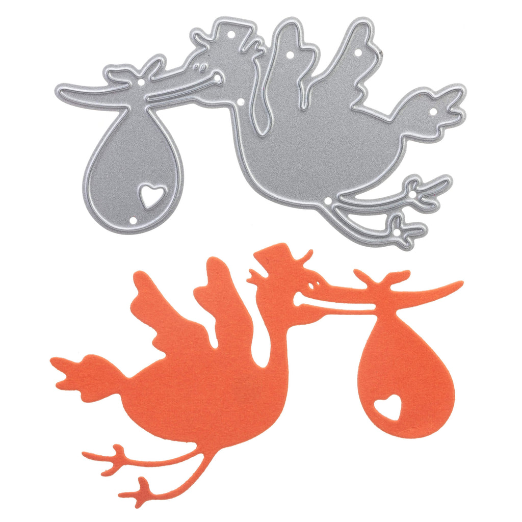 Ein Paar Stanzenshop.de Stanzschablone Storch mit Beutel im Schnabel, Stanzschablonen Vogel, Stanzschablonen Tiere mit einem Baby im Arm.