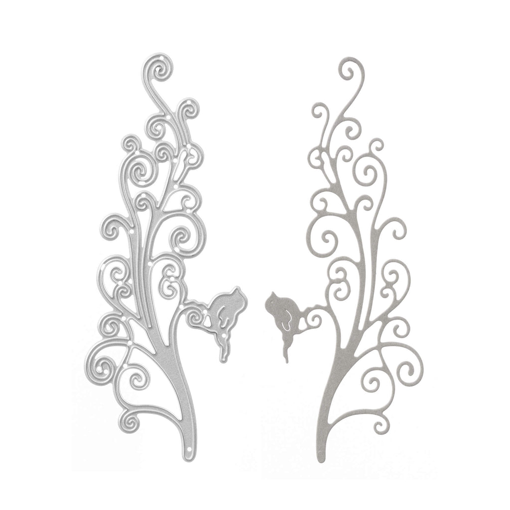 Ein Paar Stanzschablonen „Zweig mit einem Vogel“ von Stanzenshop.de, mit Wirbeln darauf, perfekt für Bastelergebnisse.