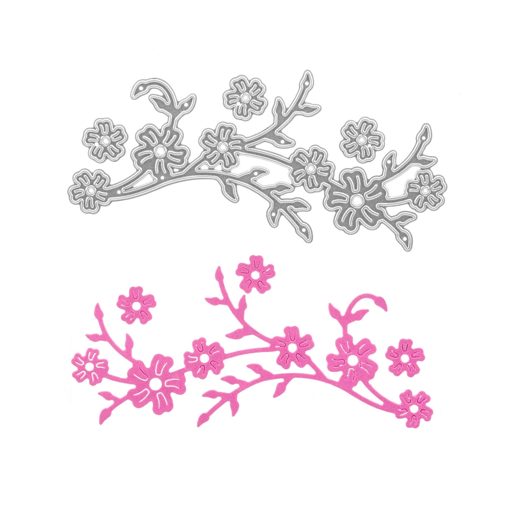 Ein Paar Stanzschablonen: Zweig mit mehreren Blüten von Stanzenshop.de mit rosa und weißen Blüten.
