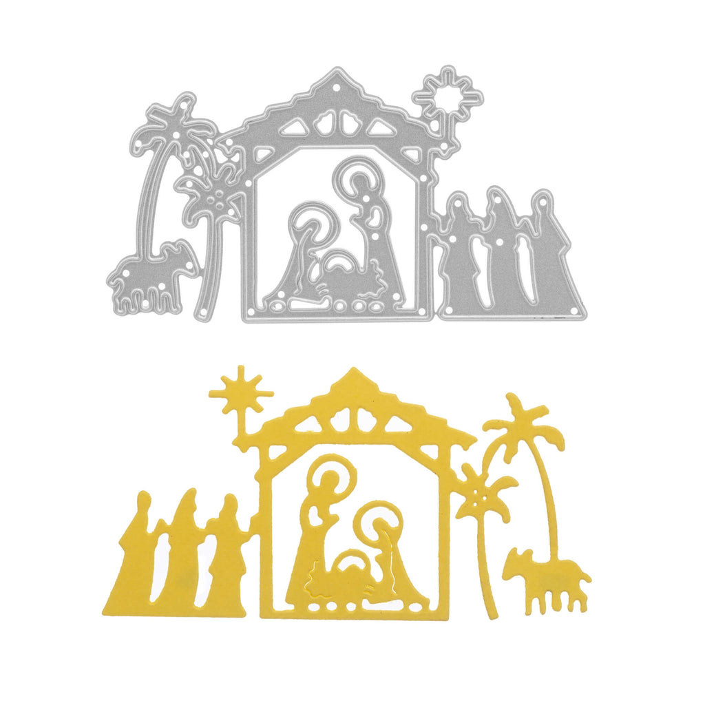 Eine goldene und silberne Stanzschablone von Stanzenshop.de: Krippenszene mit Tieren und den drei Weisen ist auf weißem Hintergrund abgebildet.