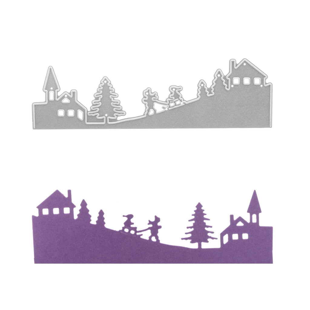 Ein Satz Silhouetten eines Winterdorfes und eines Baumes, perfekt zum Basteln mit der Stanzschablone Winterlandschaft mit Kindern von Stanzenshop.de.