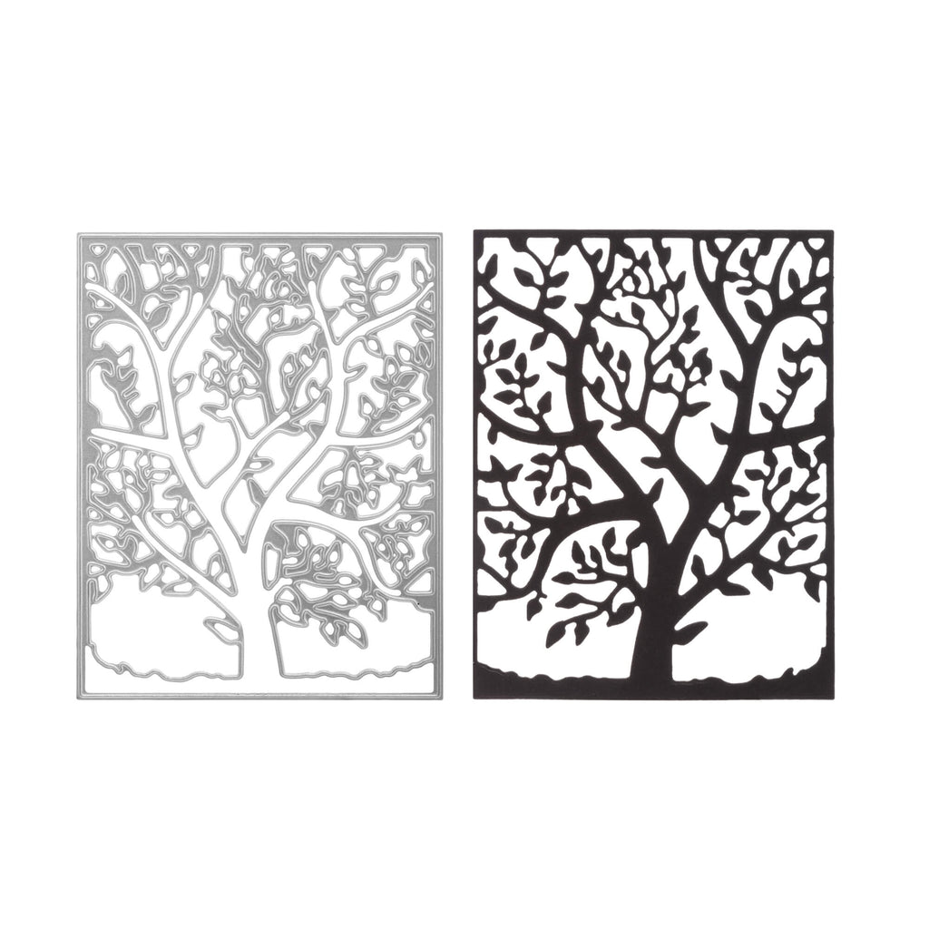 Ein Schwarz-Weiß-Bild einer Stanzschablone Platte mit Baum und Blättern von Stanzenshop.de.