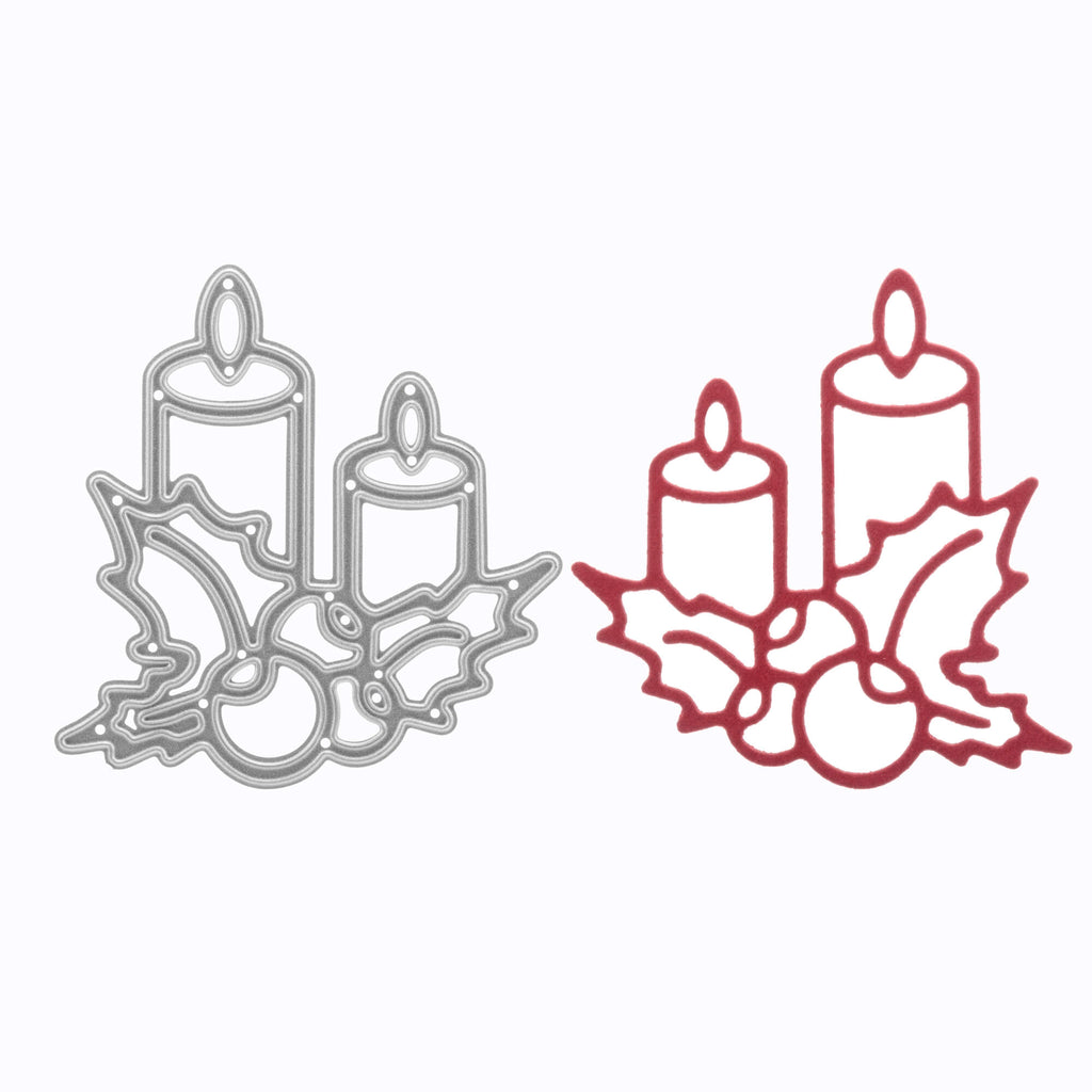 Zwei Stanzschablonen: Kleiner Adventskranz, Kerzen und Stechpalmenblätter auf weißem Hintergrund. (Marke: Stanzenshop.de)