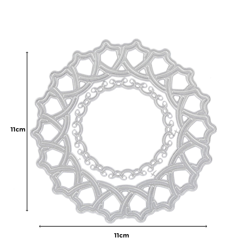 Ein Bild einer kreisförmigen Stanze mit Maßangaben: Stanzschablone: Ringe mit Muster in drei Größen von Stanzenshop.de.