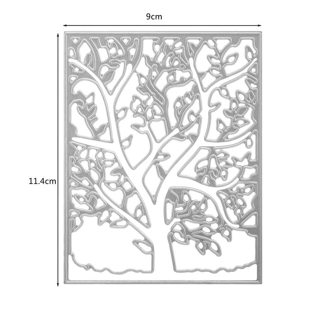 Ein Bild einer aus einem Blech ausgeschnittenen Stanzschablone Platte mit Baum und Blättern von Stanzenshop.de.