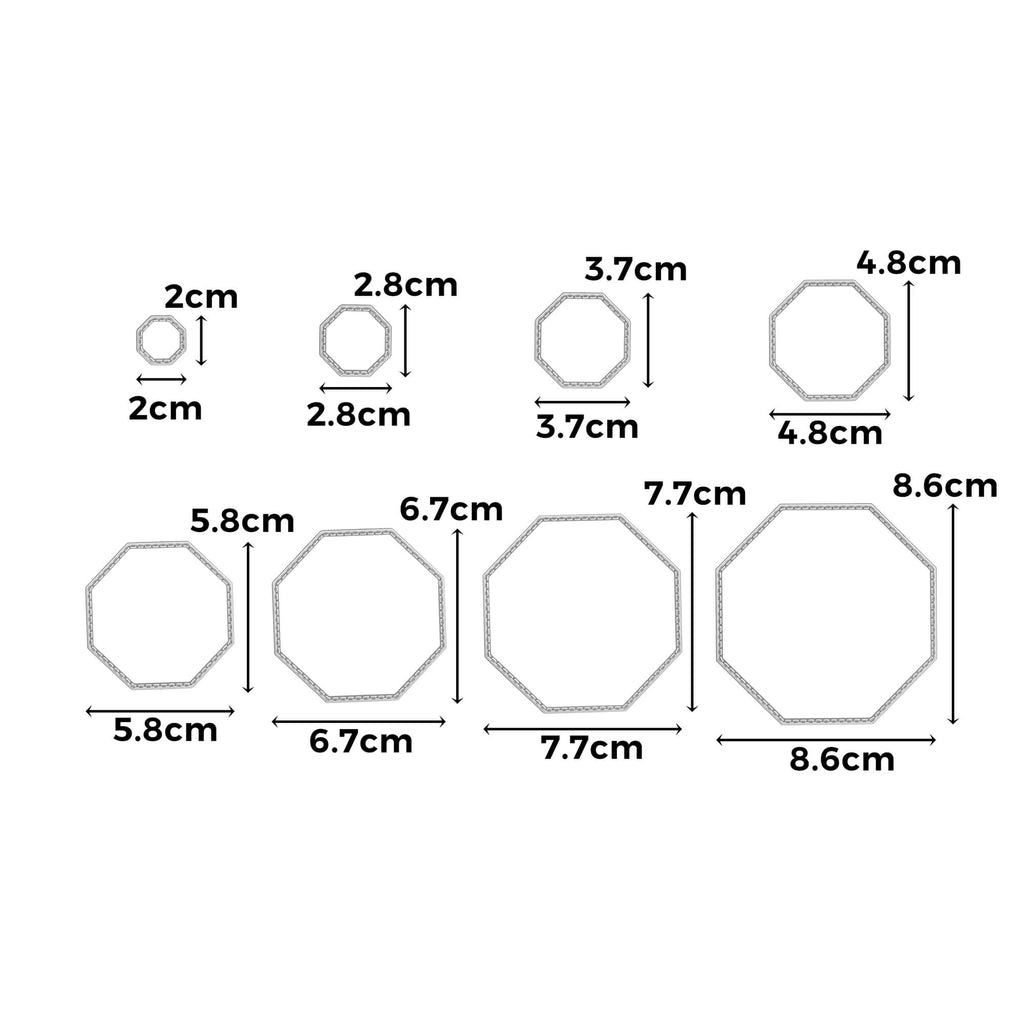 Ein Diagramm, das die Größen einer Reihe von Achtecken zeigt, geeignet für Bastelprojekte mit der Stanzschablone Achteckige Rahmen in acht verschiedenen Größen von Stanzenshop.de.