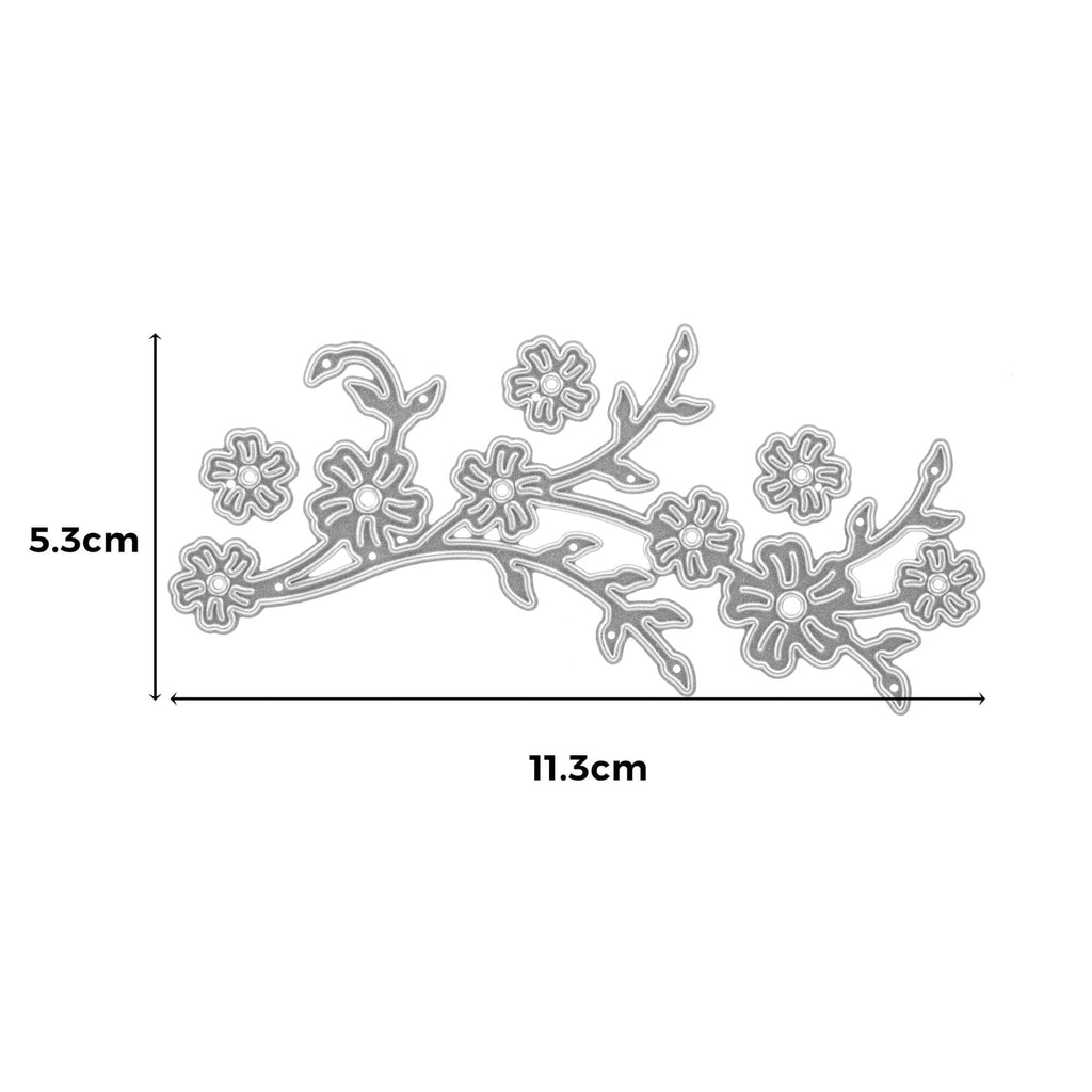 Eine Schwarz-Weiß-Zeichnung von Stanzschablone: Zweig mit mehreren Blüten von Stanzenshop.de.