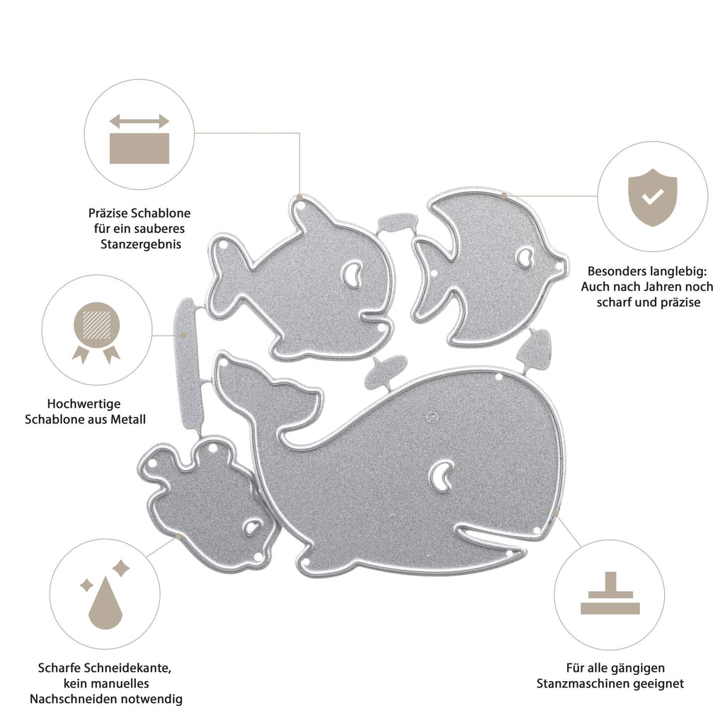 Ein Poster, das die bemerkenswerten Eigenschaften der Stanzschablone Wal und drei Fische von Stanzenshop.de zeigt.
