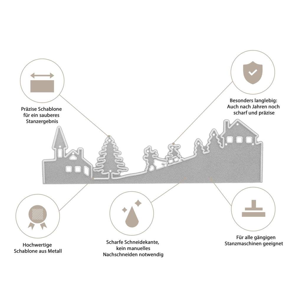 Ein Diagramm, das die verschiedenen Teile eines Weihnachtsbaums zeigt, mit der Stanzschablone Winterlandschaft mit Kindern, Schneeflocke, Weihnachtsstanzen, Stanze Weihnachten von Stanzenshop.de.