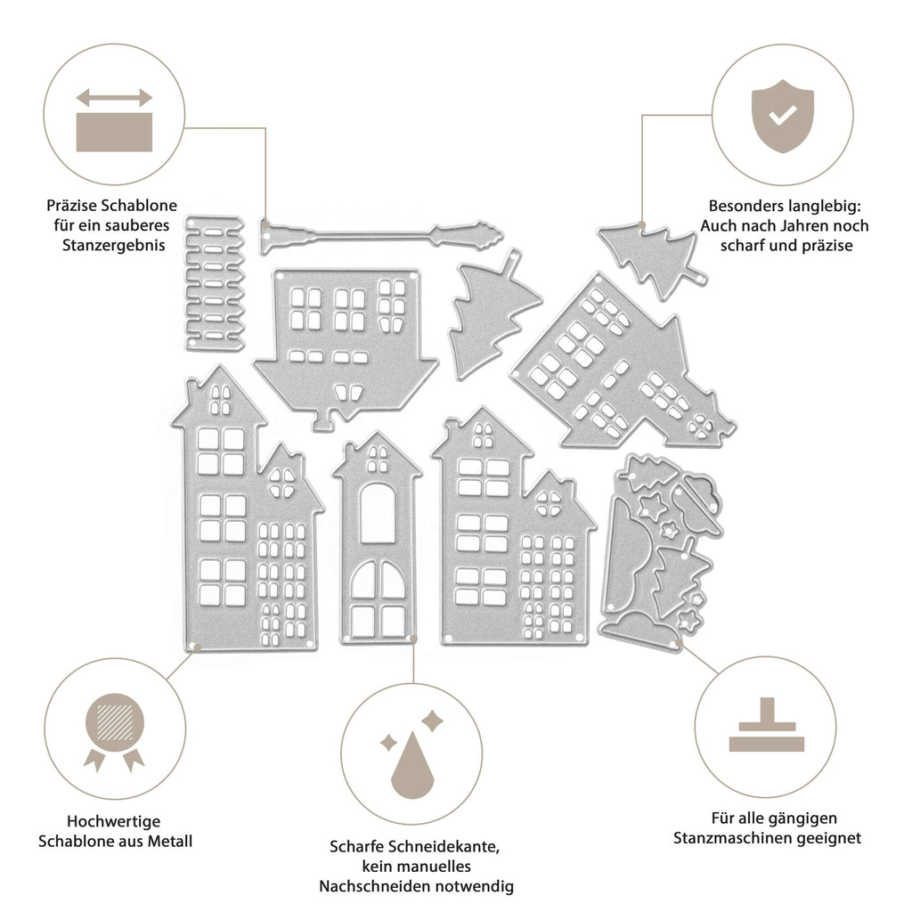 Ein Diagramm, das die verschiedenen Teile eines Gebäudes zeigt, Stanzschablone Fünf verschiedene Häuser mit Zubehör, Haus, Baum, Laterne, Stadt von Stanzenshop.de.