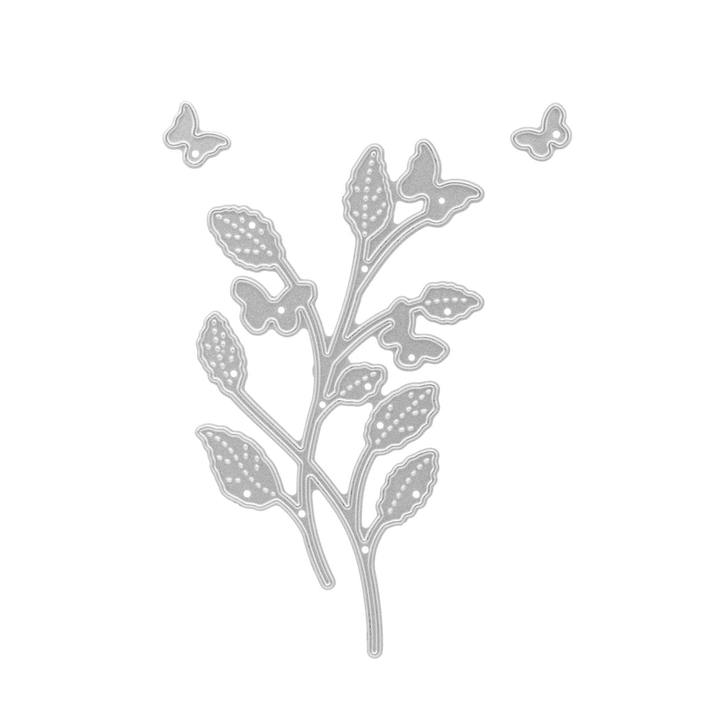 Ein Bild der Stanzschablone: Pflanze mit Schmetterlingen von Stanzenshop.de auf weißem Hintergrund.