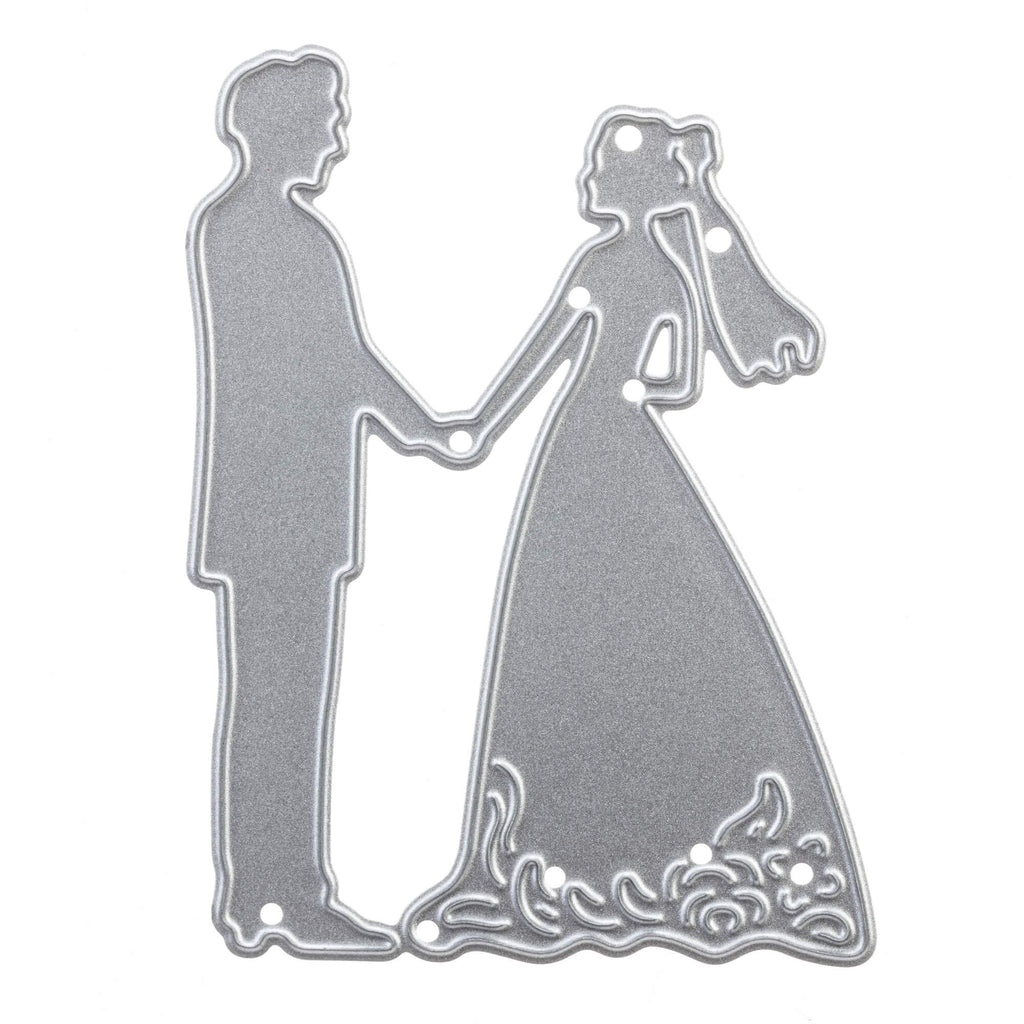 Eine Metallsilhouette einer Braut und eines Bräutigams, die sich an den Händen halten.