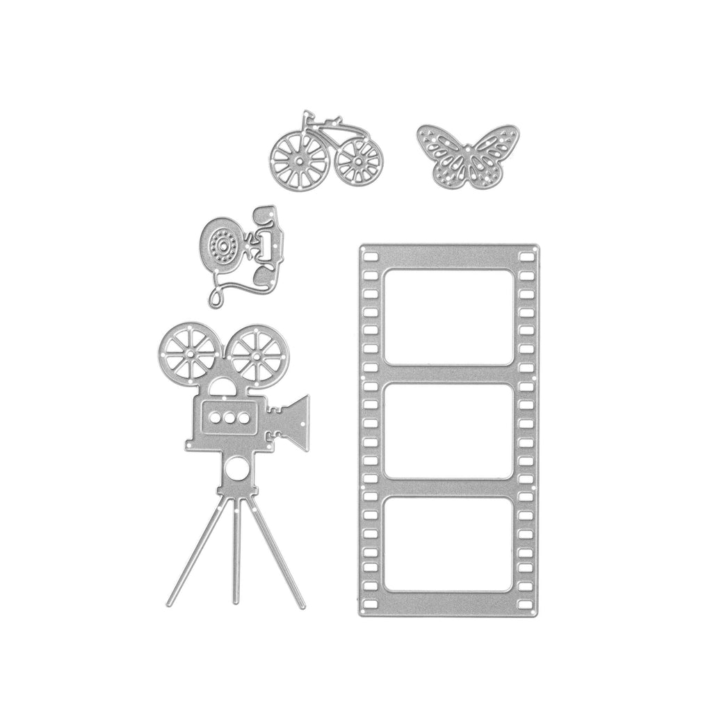Eine Sammlung von Stanzschablonen-Kamera- und Filmset-Rollen, einer Stanze-Kamera und einem Stanzschablone-Filmset-Schmetterling von Stanzenshop.de.