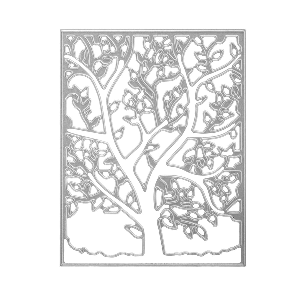 Ein Bild einer Stanzschablone Platte mit Baum und Blättern von Stanzenshop.de in einem weißen Rahmen.