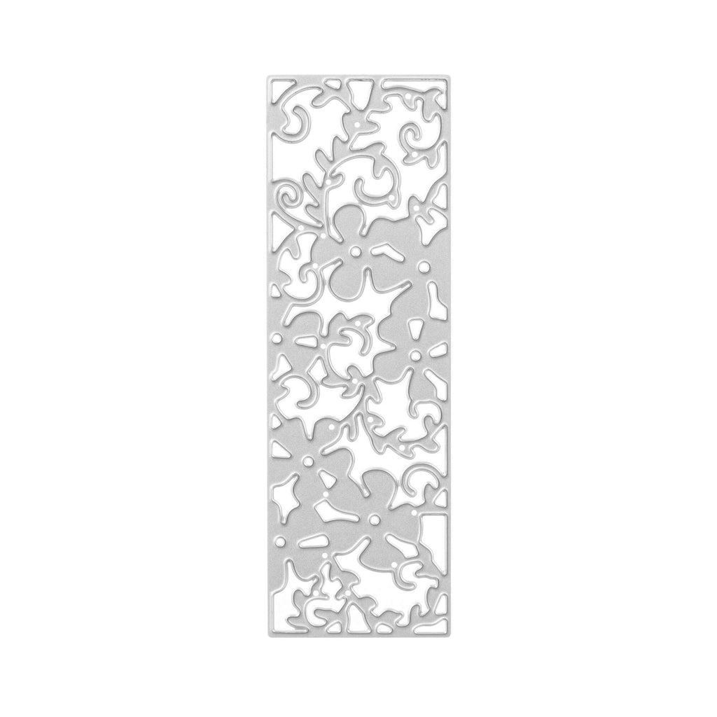 Eine weiß-silberne Stanzschablone: Rahmen mit Blüten-Design auf weißem Hintergrund von Stanzenshop.de.