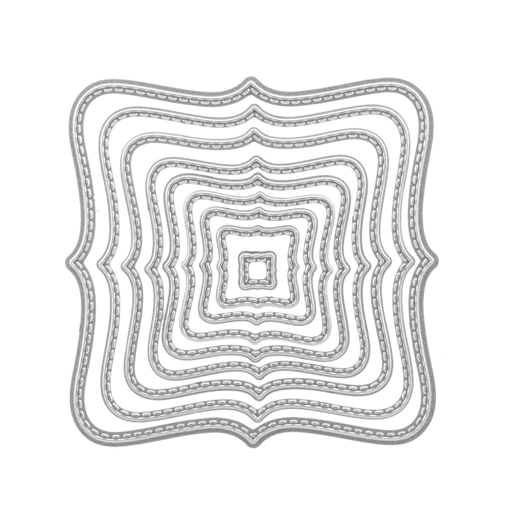 Eine quadratische Stanzschablone: Neun verschiedene geschwungene Rahmen mit einem Muster darauf von Stanzenshop.de.