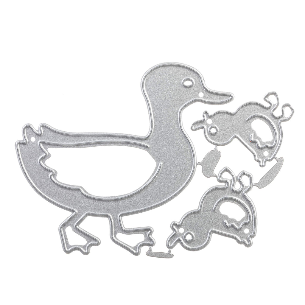 Eine Stanzschablone Ente mit zwei Küken von Stanzenshop.de, ein Metallschnitt aus einer Ente und einer Katze.