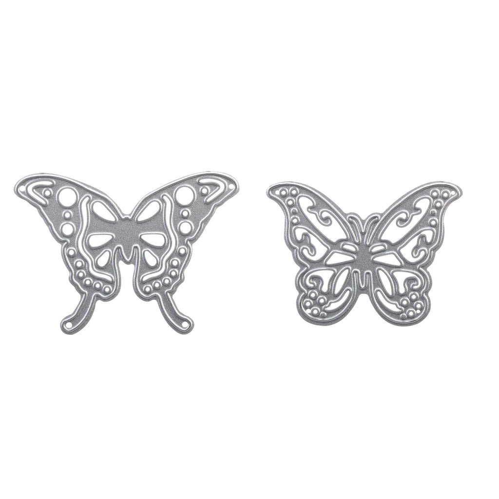 Ein Paar Stanzen-Schmetterlingsausschnitte auf weißem Hintergrund.