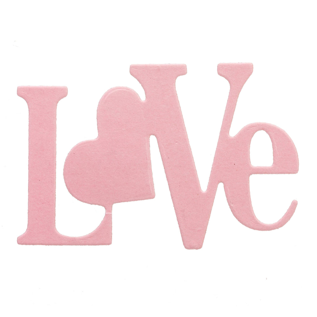 Ein rosa Herz mit dem Wort Stanzschablone: Schriftzug „Love“ darauf von Stanzenshop.de.