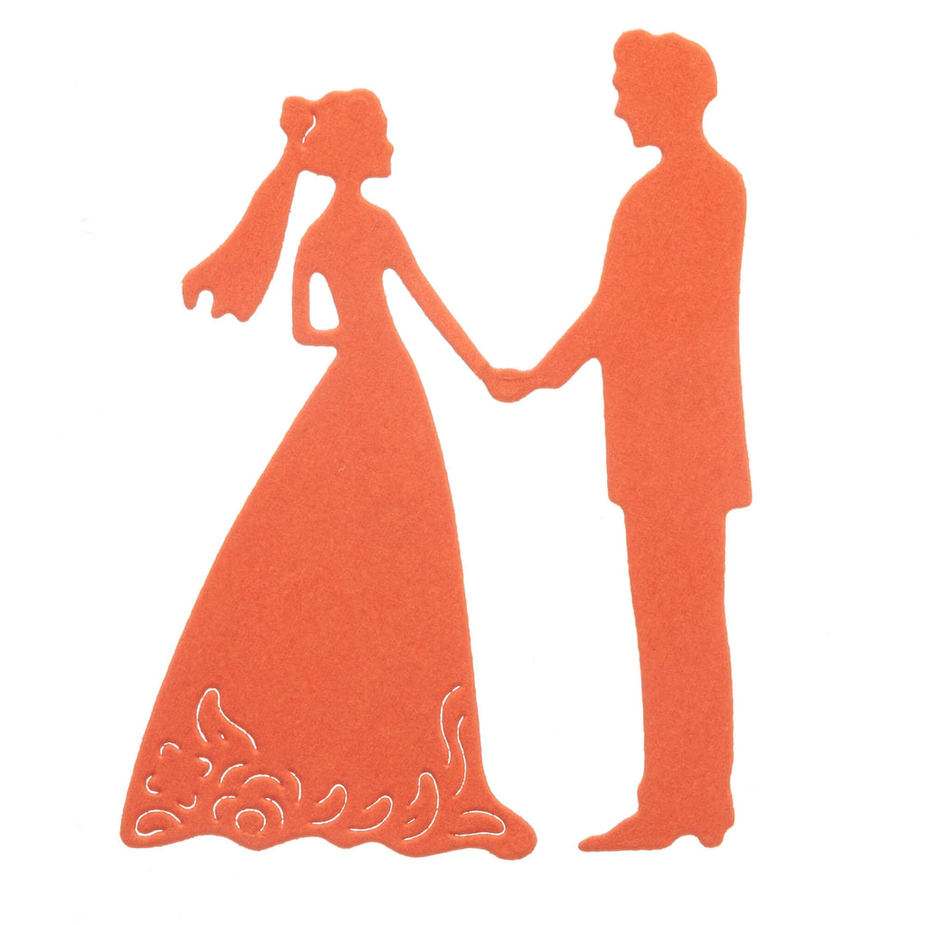 Eine Silhouette einer Braut und eines Bräutigams, die sich an den Händen halten, mit der Stanzschablone Brautpaar, der Stanzschablone Hochzeit und der Stanzschablone Einladung von Stanzenshop.de.