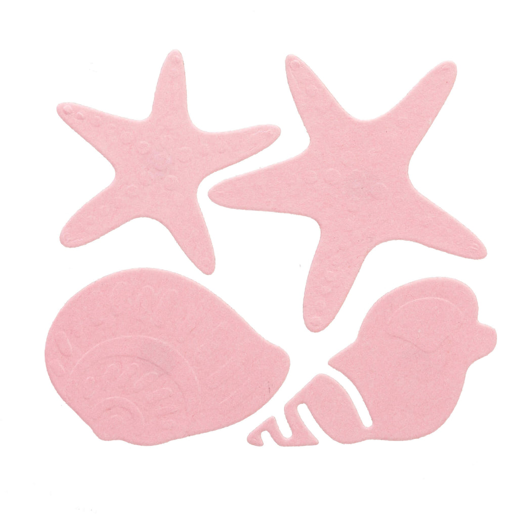 Ein Set aus rosa Seesternen und Muscheln auf weißem Hintergrund, perfekt zum Basteln und Gestalten von Meeresmotiven mit der Stanzschablone Zwei Muscheln und zwei Seesterne von Stanzenshop.de.