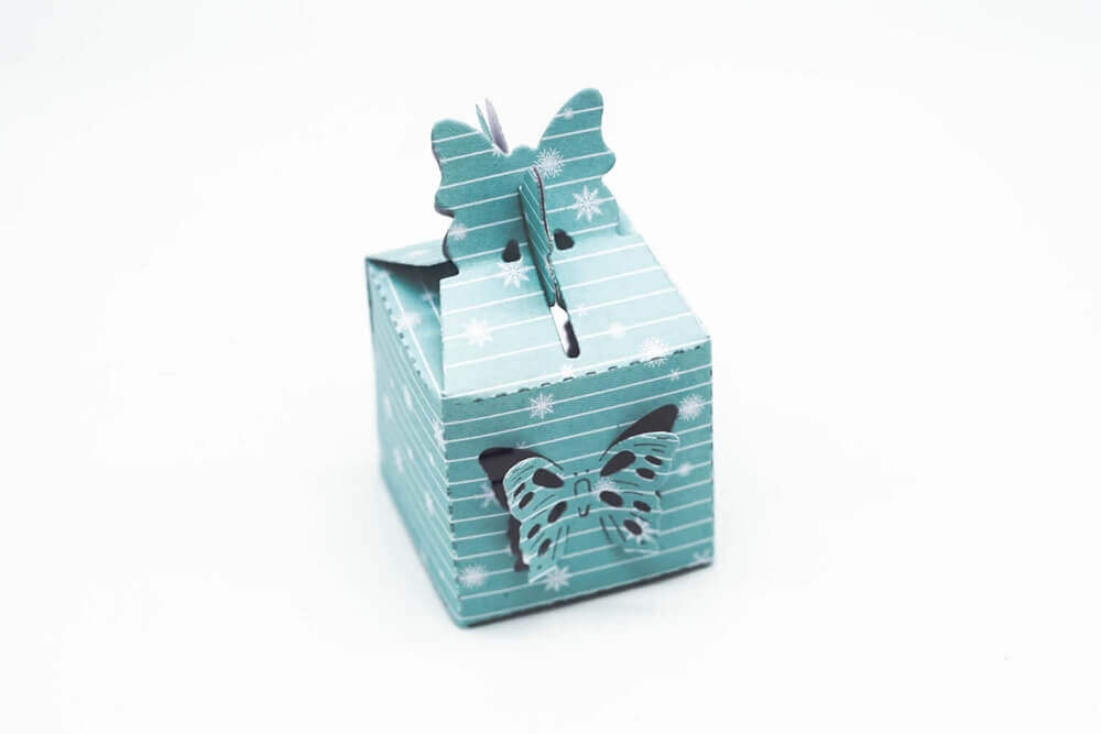 Eine blau-weiße Stanzenshop.de-Papierschachtel mit der Stanzschablone der Marke: Schachtel mit Schmetterlingen darauf.
