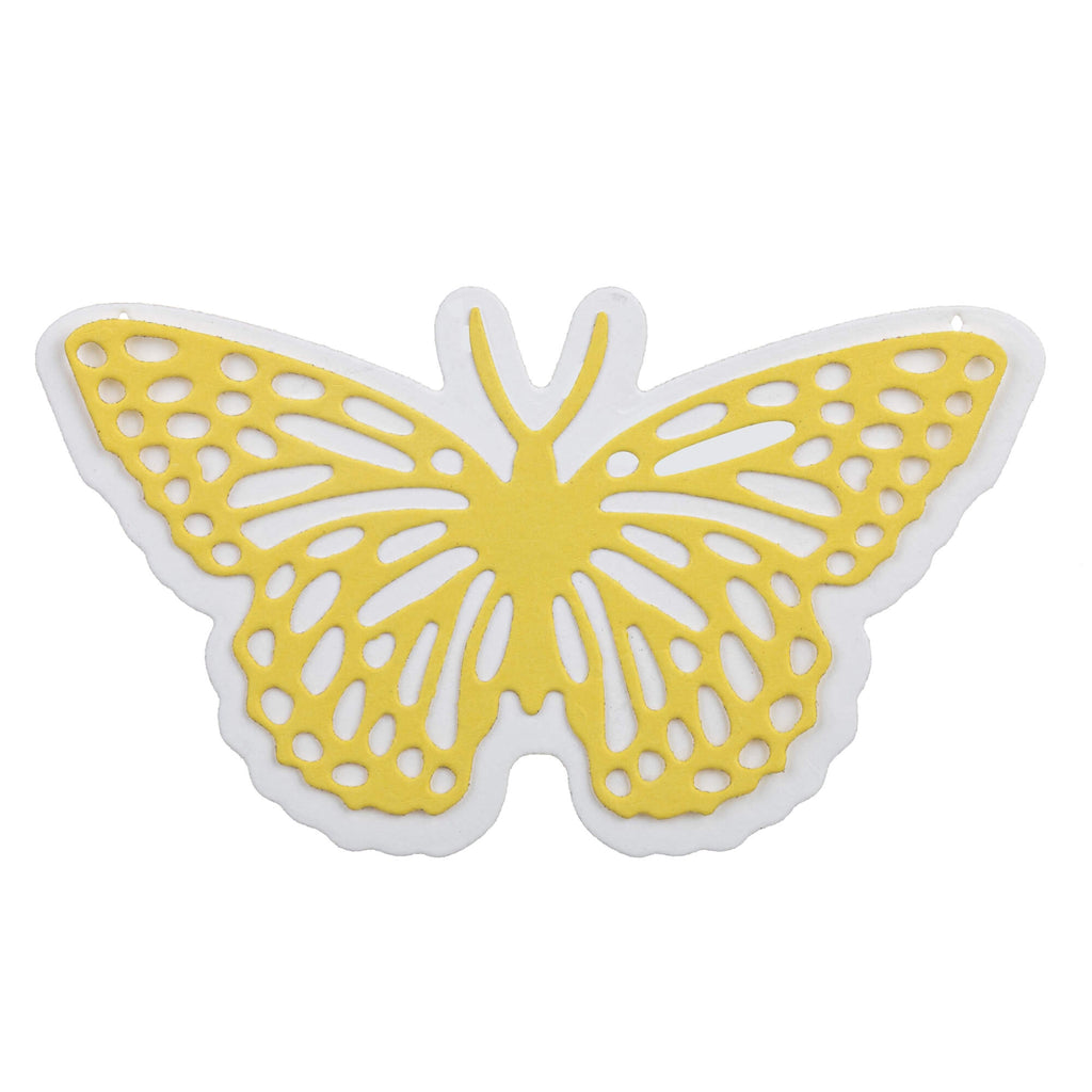 Eine gelb-weiße Stanzschablone Schmetterling mit extra Umriss Schmetterling auf weißem Hintergrund von Stanzenshop.de.