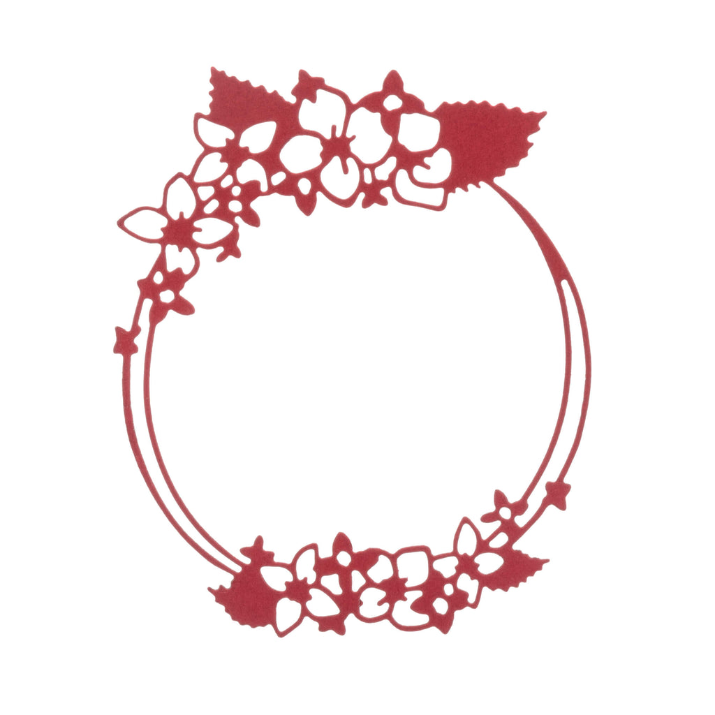 Eine Stanzschablone: Kreis mit Blütenverzierungen von Stanzenshop.de mit roten Blüten und Blättern auf weißem Hintergrund.