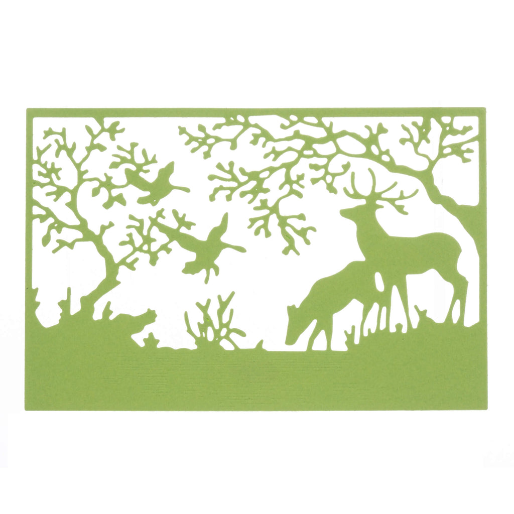 Eine Stanzenshop.de-Karte mit Silhouetten von Hirschen und Vögeln: „Stanzschablone: Zwei Rehe in einer Landschaft mit Bach
