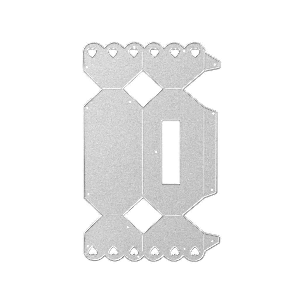 Eine Metallplatte mit Löchern und weißem Hintergrund, die Stanzschablone Schachtel in Bonbonform von Stanzenshop.de.
