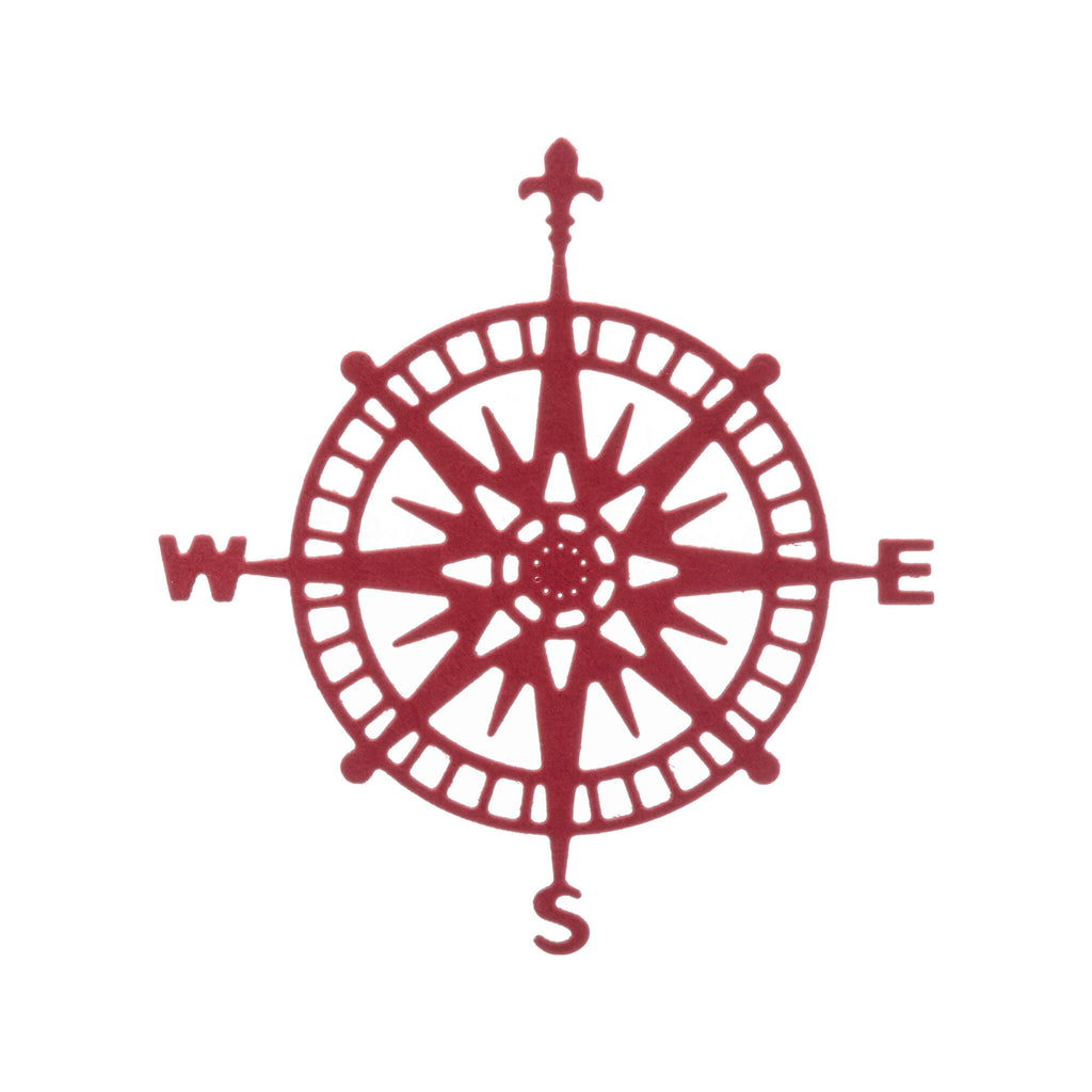 Eine rote Stanzschablone Kompass auf weißem Hintergrund, passend für gängige Stanzmaschinen.
