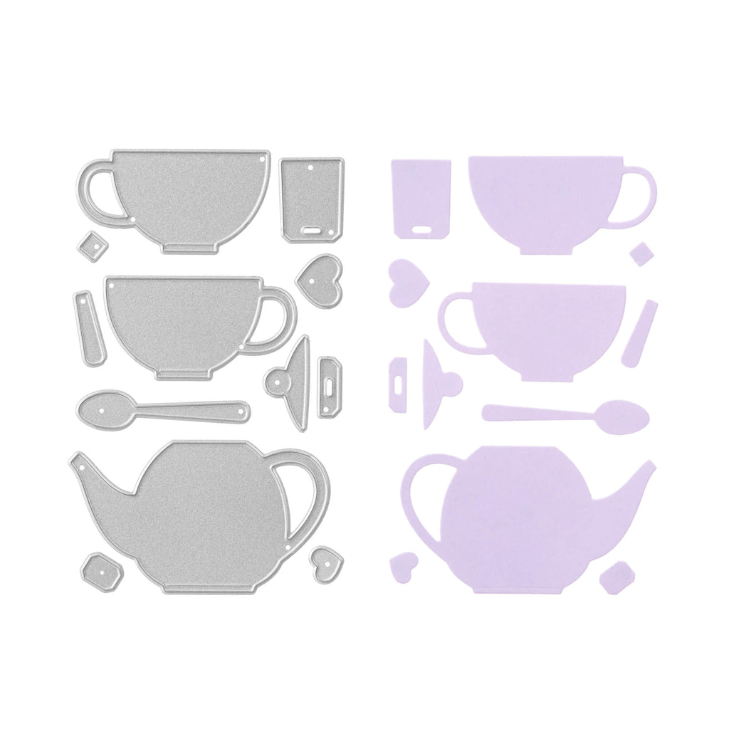 Ein Set Stanzschablone Teetassen und Teekanne und Löffel auf weißem Hintergrund von Stanzenshop.de