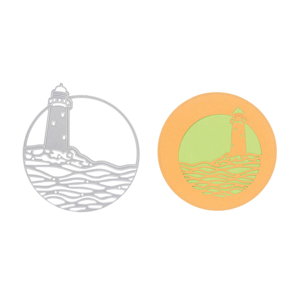 Zwei Kreise mit einer Stanzschablone Leuchtturm und Meer in rundem Rahmen von Stanzenshop.de darauf.