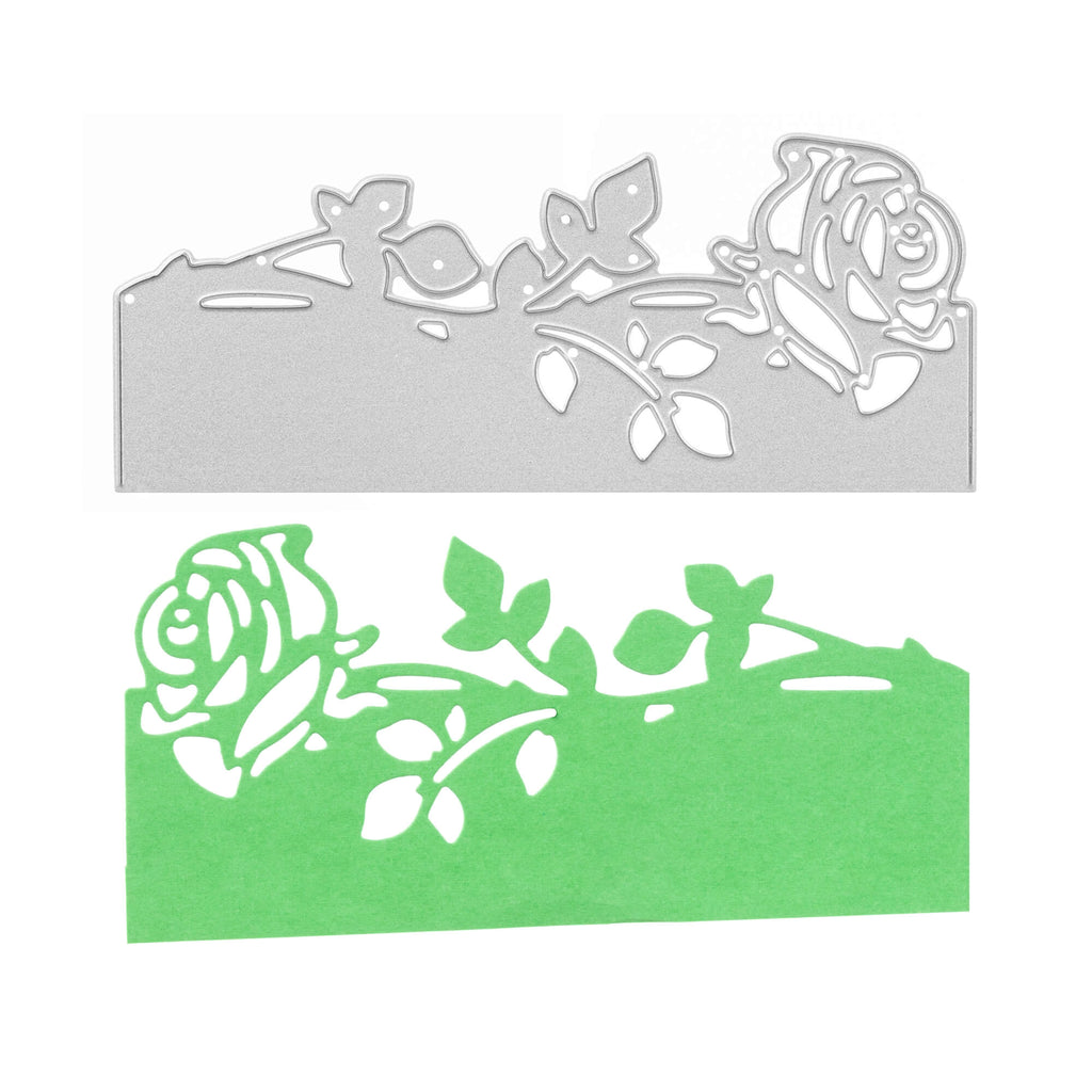 Zwei grün-weiße Stanzschablonen Rose als Rand auf weißem Hintergrund ergeben ein wunderschönes frühlingshaftes Bastelergebnis von Stanzenshop.de.