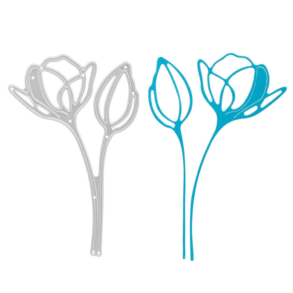 Dekorationen: Die Stanzschablone Blume mit zwei Blüten von Stanzenshop.de ist auf weißem Hintergrund abgebildet.