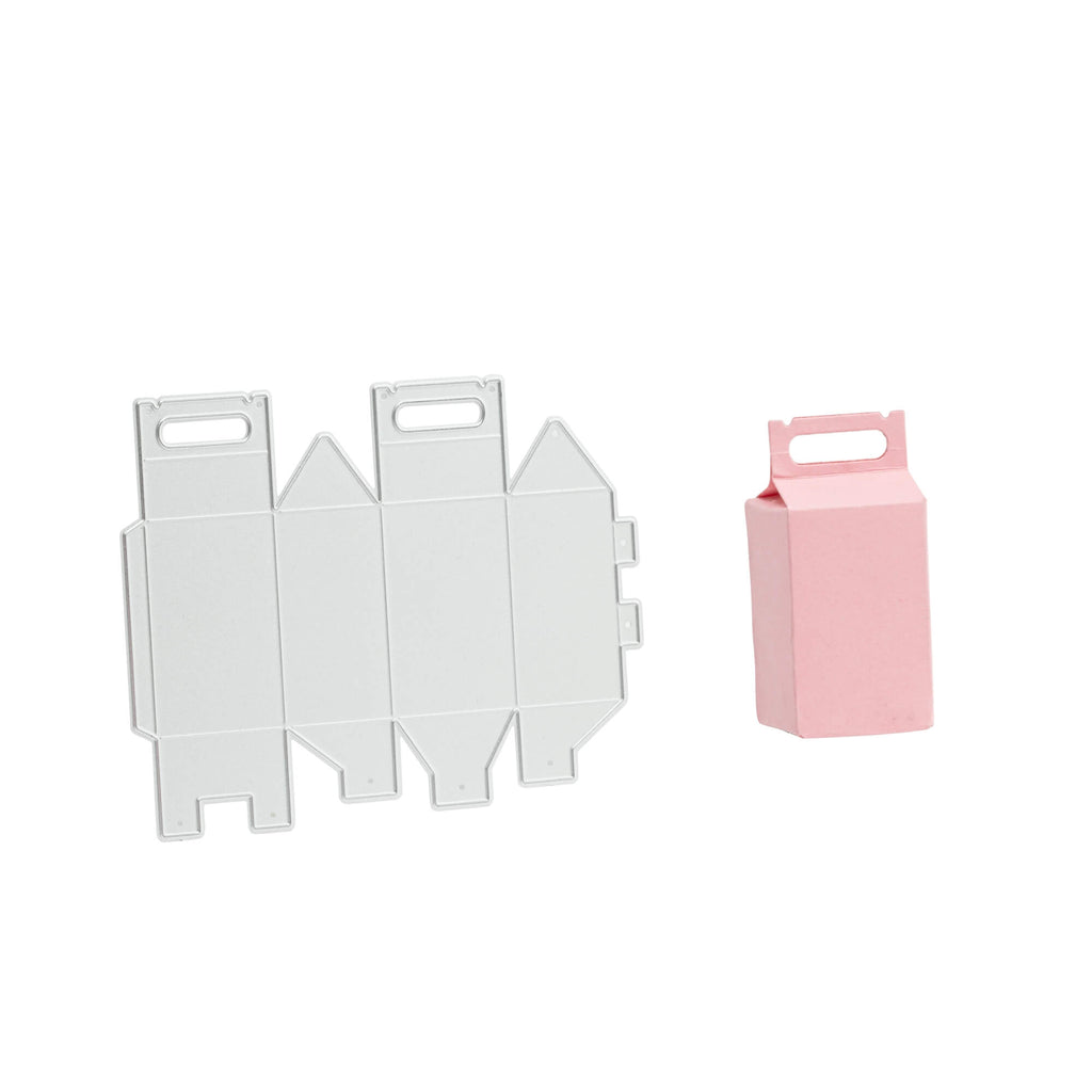 Eine weiße Stanzschablone Mini Milchkarton und eine rosa Stanzschablone Geschenkbox nebeneinander von Stanzenshop.de.