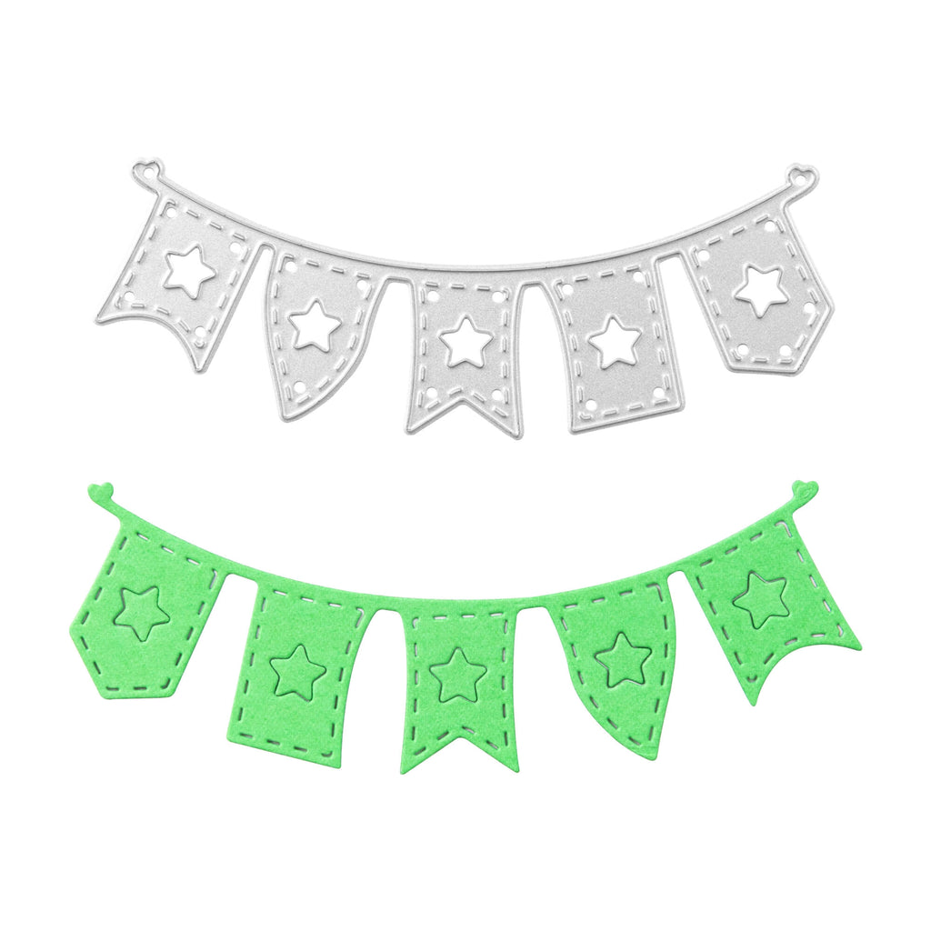 Zwei grün-weiße Banner mit Sternen darauf, erstellt mit Stanzmaschinen- und Stanzschablonentechniken, was zu einem wunderschönen Bastelergebnis führt.