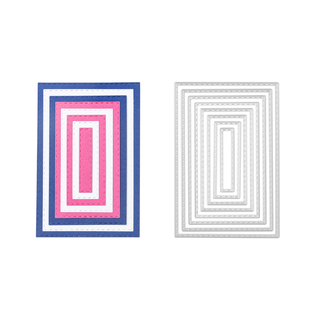 Ein Paar quadratische Stanzschablonen, rechteckige Rahmen in sieben verschiedenen Größen mit rosa und blauem Design von Stanzenshop.de sind perfekt zum Basteln.