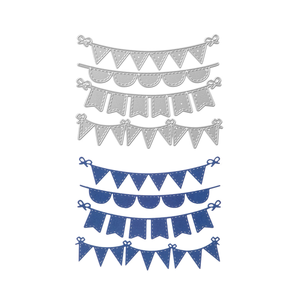 Ein Set blau-weißer Wimpelketten mit der Stanzschablone Vier verschiedene Wimpelketten von Stanzenshop.de auf weißem Hintergrund.