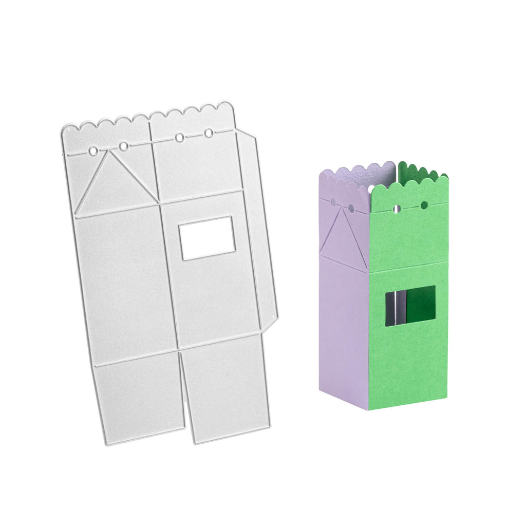 Eine grün-lila Stanzschablone Schachtel mit Öffnung, Geschenkbox, Stanze Box, Stanzschablone Schachtel von Stanzenshop.de und eine grün-lila Papierschachtel.