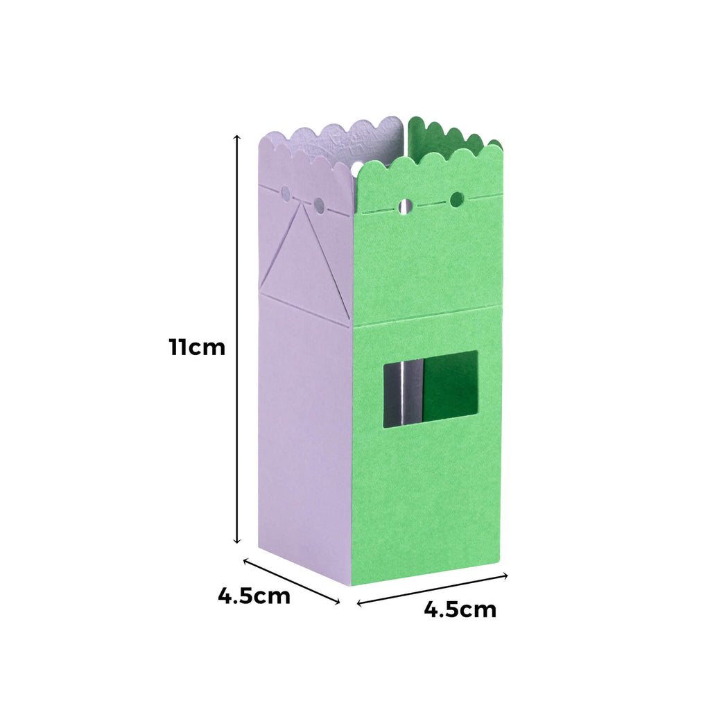 Eine grün-lila Stanzschablone „Schachtel mit Öffnung“ aus Papier mit Maßen, erstellt mit einer Stanzschablone von Stanzenshop.de.