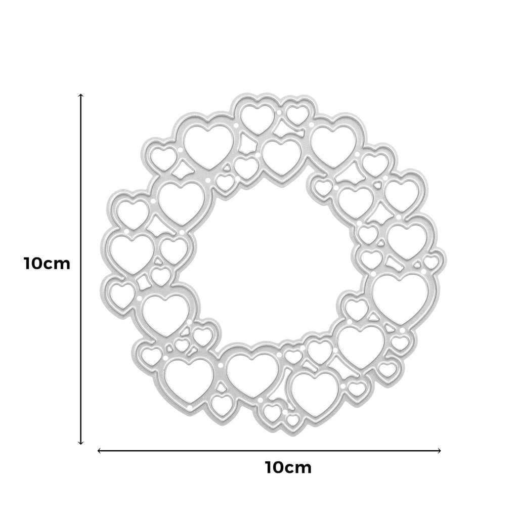 Ein herzförmiges Kranzbild mit Maßangaben, erstellt mit einer Stanzschablone Kreis aus Herzen von Stanzenshop.de.