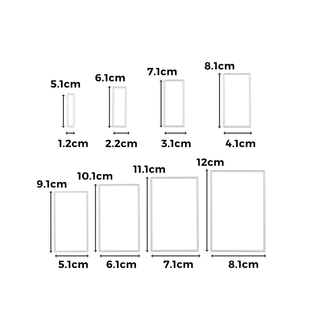 Ein Diagramm mit den Maßen eines kleinen Fensters, nützlich zum Basteln und Verwenden einer Stanzschablone mit Stanzmaschinen, mit der Stanzschablone Rechteckige Rahmen in sieben verschiedenen Größen von Stanzenshop.de.