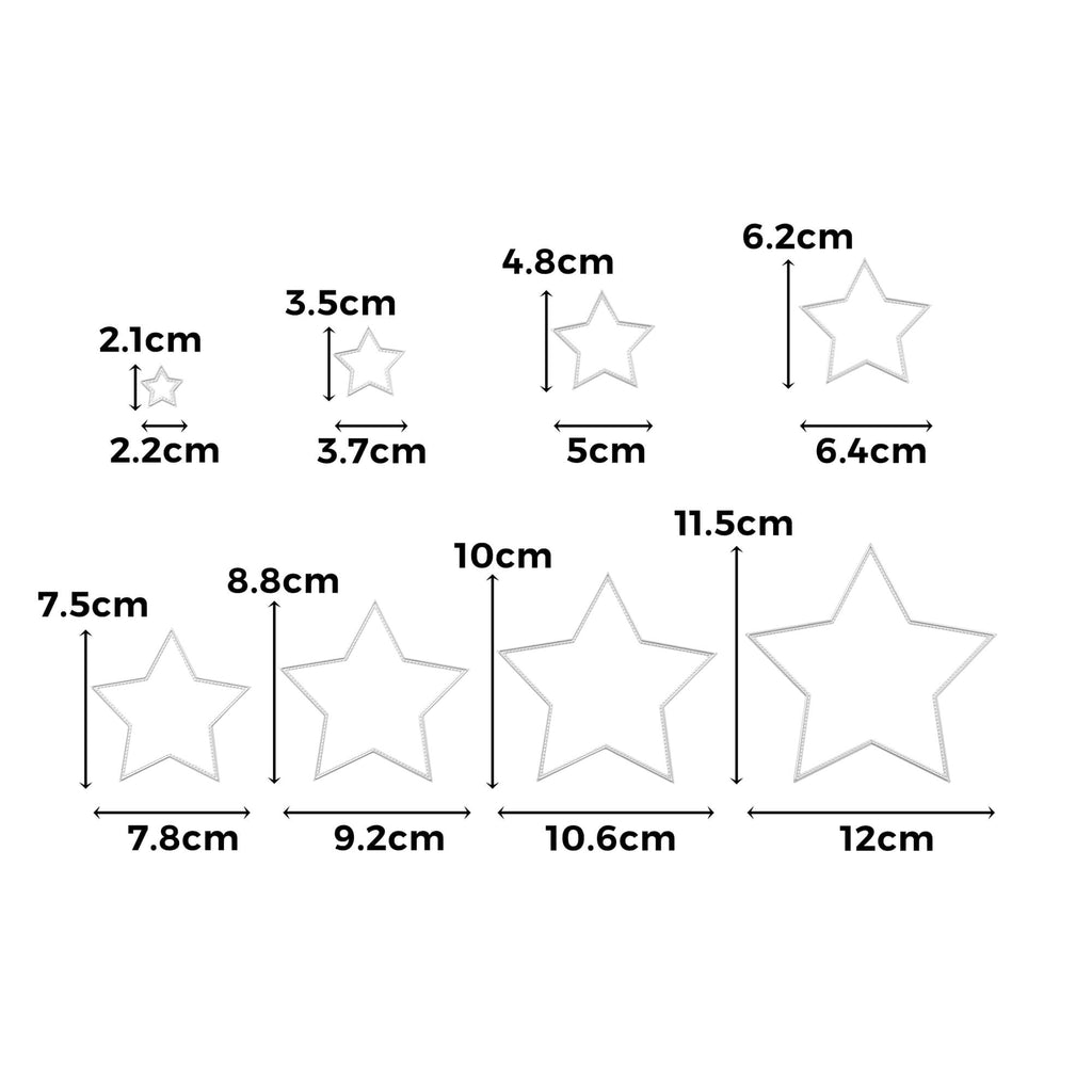 Eine Tabelle mit den Größen verschiedener Sternformen, Stanzschablone: Acht verschiedene Sterne von Stanzenshop.de.