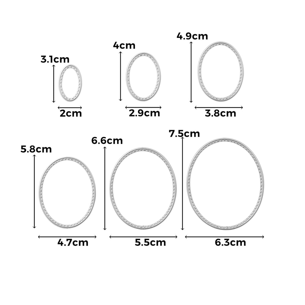 Ein Diagramm, das die Größen eines ovalen Rings anhand einer Stanzschablone Sechs ovale Kreise von Stanzenshop.de veranschaulicht.